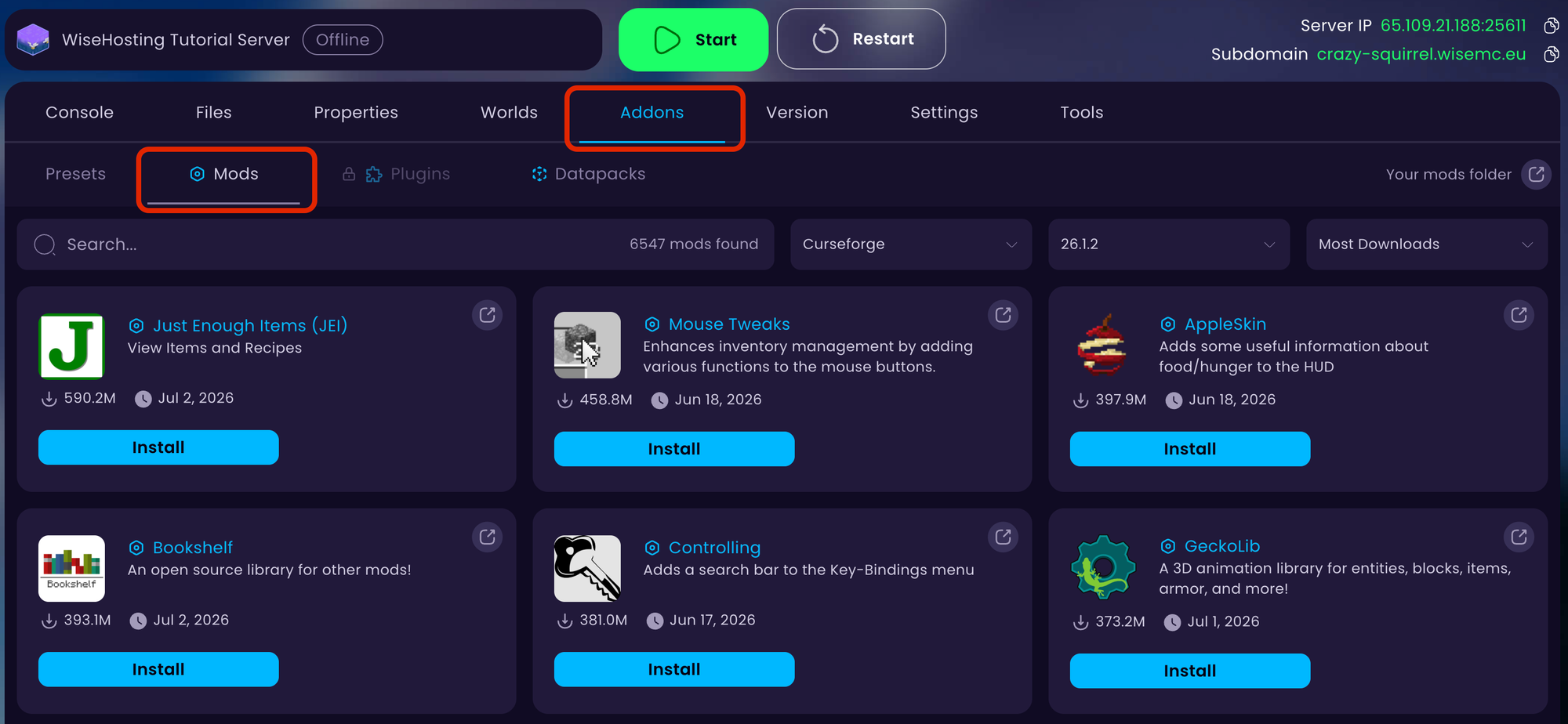 Where to install mods in the WiseHosting game panel