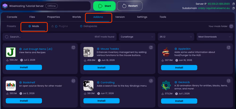 Where to install mods in the WiseHosting game panel